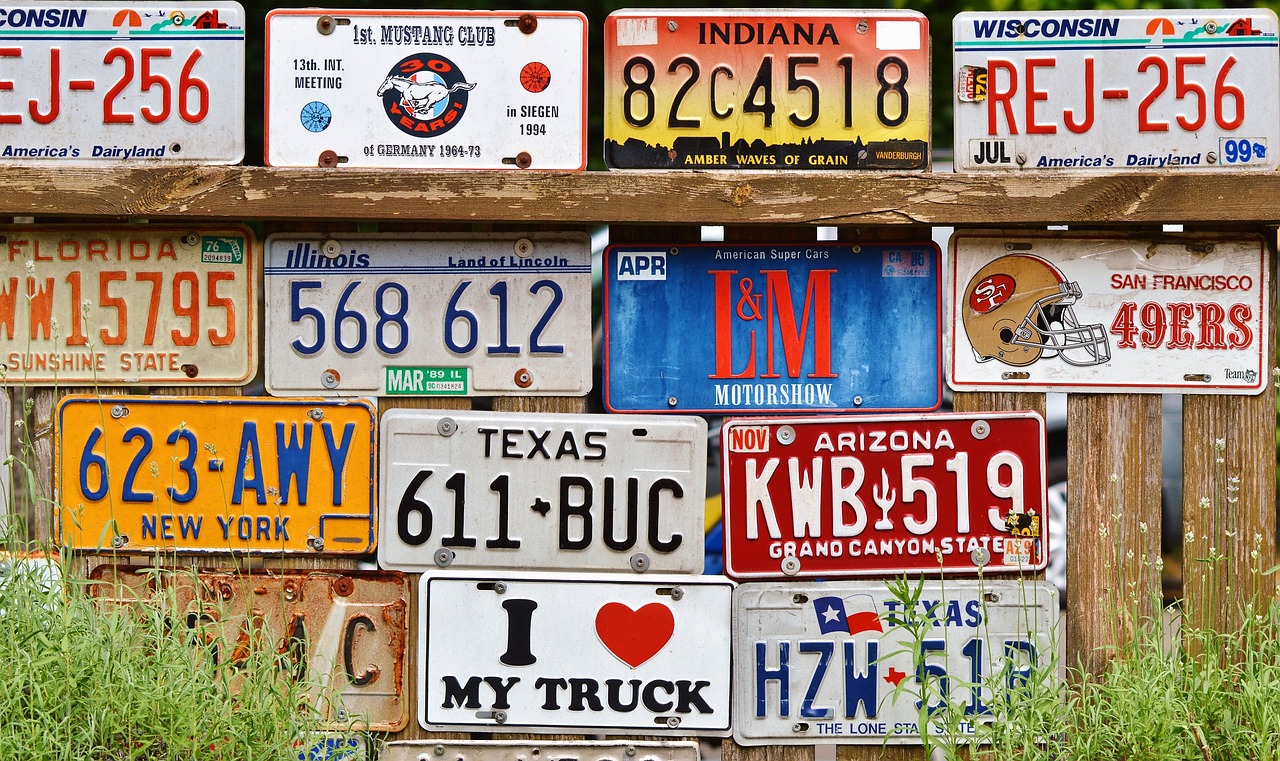 license plate, car shield, american number plates, tin sign, fence, deco, decoration, decorative, art, ornament, old, garden, weathered, nature, license plate, license plate, license plate, license plate, license plate